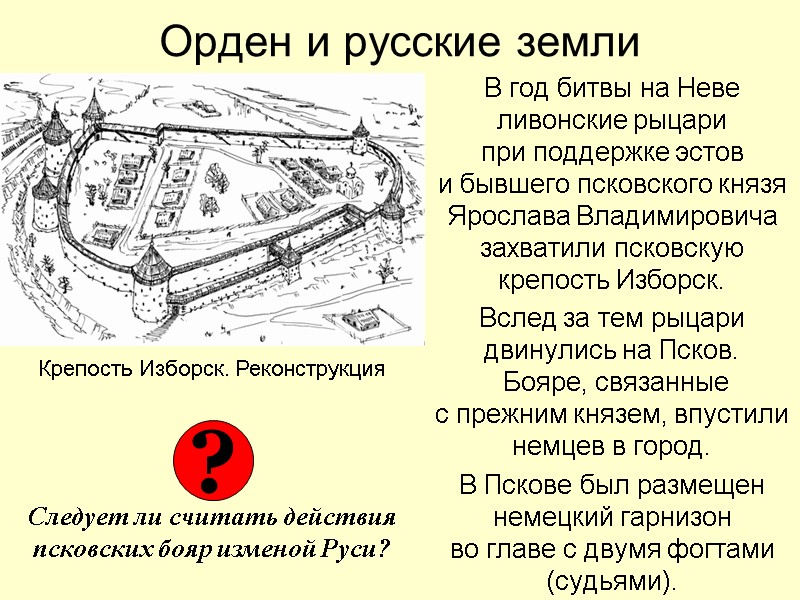 Орден и русские земли В год битвы на Неве ливонские рыцари  при поддержке